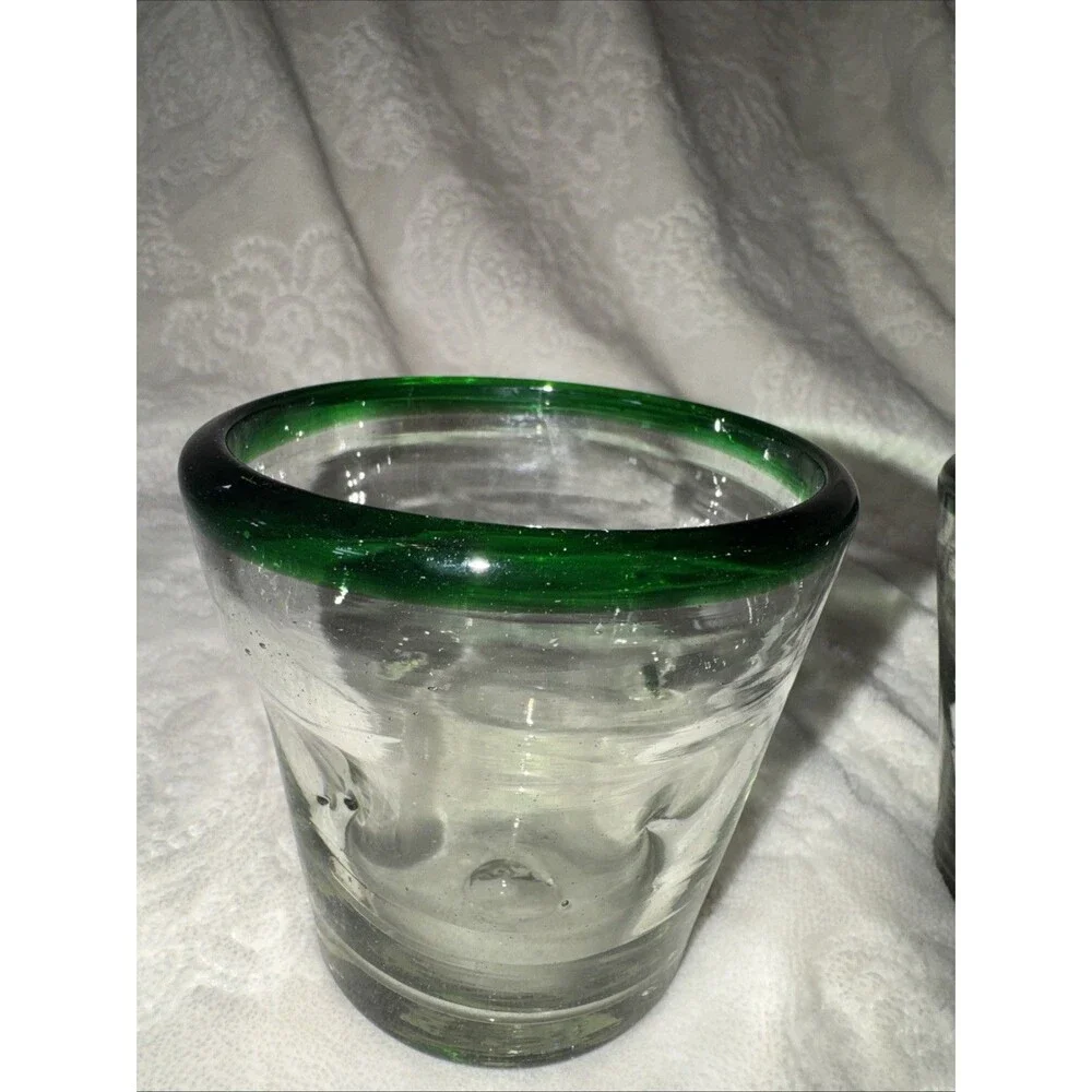Set 2 Hand Blown Vtg Green Rim Mexican Glasses Old Fashion Rocks Margarita 4